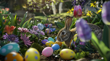 Obraz na płótnie Canvas Realistic Easter Bunny with Colorful Eggs in Grass, Festive Illustration