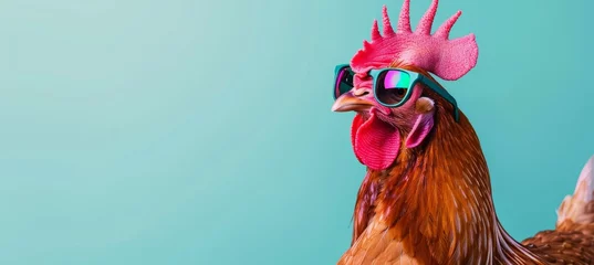Fotobehang Trendy chicken in sunglasses on pastel background with ample area for text placement. © Andrei
