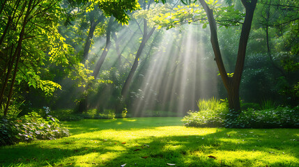 Morning in the garden with sunlight shining through the trees and grass.