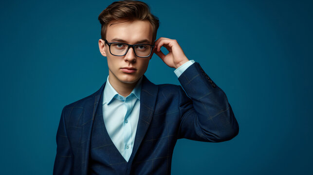 Elegant young handsome man in suit wearing glasses.
