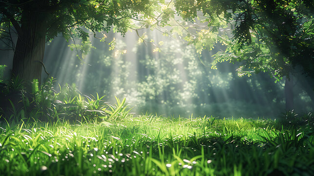Sunlight in the green forest with grass and trees. Nature background