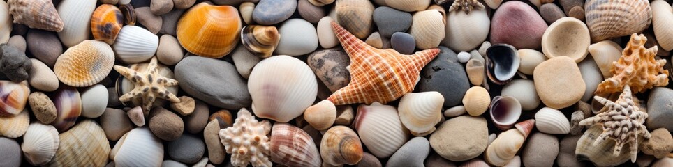 Seashells background. Close up image of sea shells. Travel and vacation concept with copy space. Spa Concept. - obrazy, fototapety, plakaty