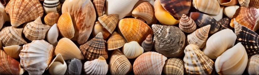 Seashells background. Close up image of sea shells. Travel and vacation concept with copy space. Spa Concept. - Powered by Adobe