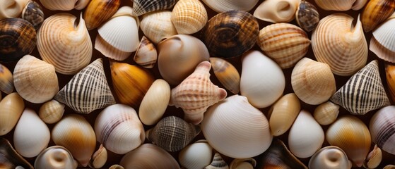 Seashells background. Close up image of sea shells. Travel and vacation concept with copy space. Spa Concept. - obrazy, fototapety, plakaty