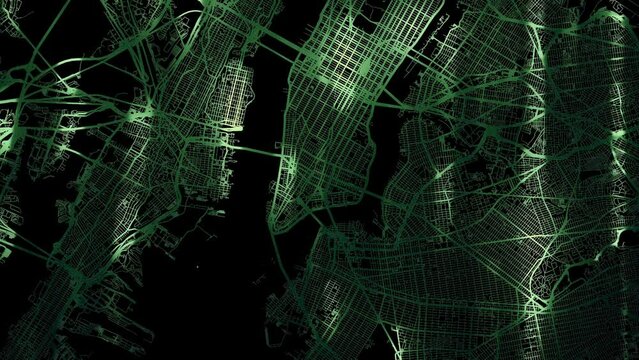 Zoom in road map of New York New York with green glowing roads on a black background.