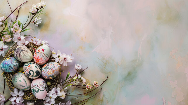 Easter Eggs with Vintage Floral Designs in front of pastel colourful background