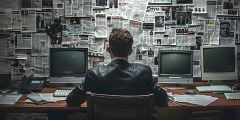 A journalist typing fake news in an office lined with tabloid headlines. Concept Journalism, Fake News, Tabloid Headlines, Office Setting, Typing - obrazy, fototapety, plakaty