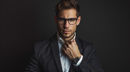 Elegant young handsome man in suit wearing glasses. - obrazy, fototapety, plakaty