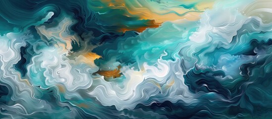 Fototapeta na wymiar This abstract painting features swirling blue, yellow, and white clouds blending seamlessly across the canvas. The colors create a dynamic contrast, evoking a sense of movement and depth within the
