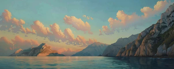  Surreal soft vista of a beautiful mountain sea spectacle, azure sky and a few floating white clouds with a sunset Generative Ai  © LayerAce.com