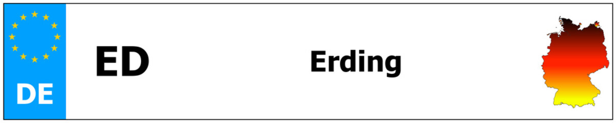 Erding car licence plate sticker name and map of Germany. Vehicle registration plates frames German number