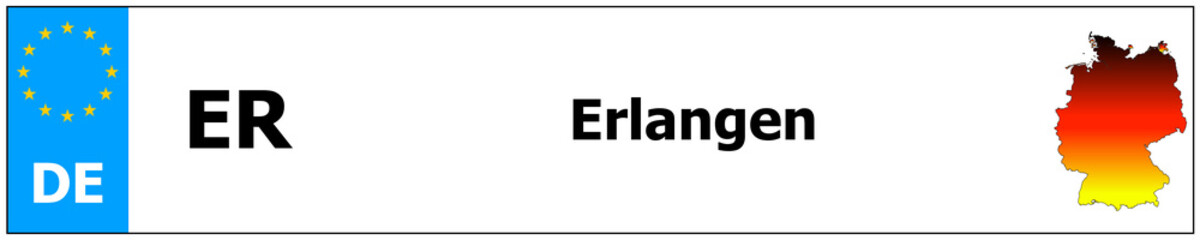 Erlangen car licence plate sticker name and map of Germany. Vehicle registration plates frames German number