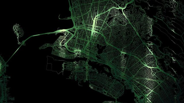 Zoom in road map of Oakland California with green glowing roads on a black background.