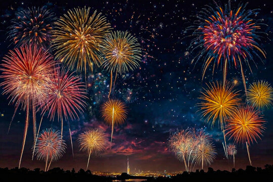 Green Red Blue Yellow Orange Fireworks with night sky over city background