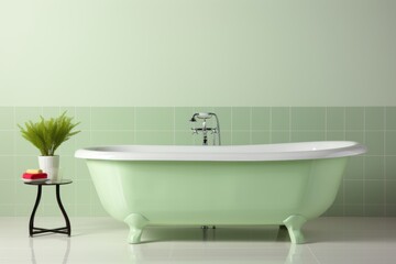 Luxurious modern light green bathroom interior with elegant bathtub and stylish tiled wall design