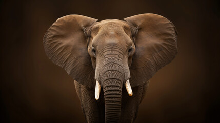 Elephant portrait over a luminous brown background.