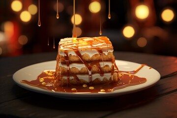 a stack of cake with caramel sauce on a plate