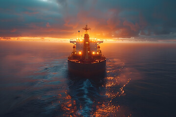 Fototapeta premium Oil tanker in the sea at sunset