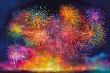 Abstract holiday background, amazing colorful display of fireworks on black background