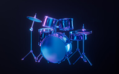 Drum set with dark neon light effect, 3d rendering.