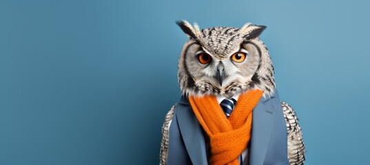Anthropomorphic owl in business attire, pretending to work in office, studio shot with copy space. - obrazy, fototapety, plakaty