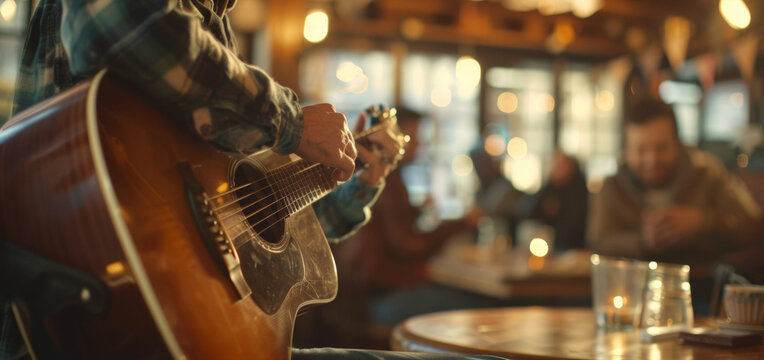 A guitarist performing an intimate acoustic set for a handful of fans in a cozy coffee shop with everyone singing along and clapping along.