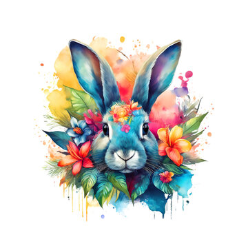 Painting of colorful rabbits and flowers. Wild Animals. Clipart for Sublimation Printing. Illustration, Generative AI.