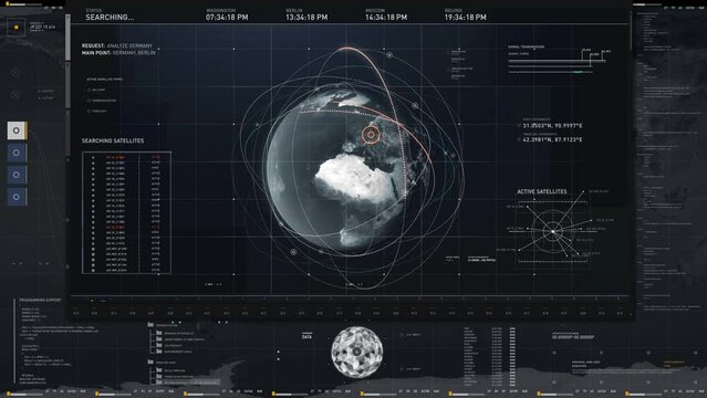 Searching For Active Satellites Streaming Germany Locations In Futuristic UI. Military Spying Mission On Location Tracing Via Futuristic UI. Analyzing Military Target Online By Futuristic UI.