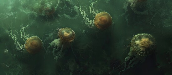 Obraz na płótnie Canvas A group of jellyfish gracefully navigating through the algae-infested warm seas on a lazy summer day. The jellyfish move in unison, their translucent bodies undulating in the water as they propel
