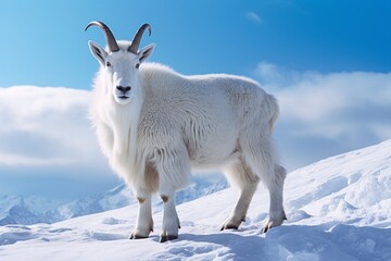 a white goat standing on snow