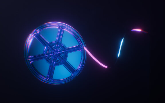 Kinetoscope film with dark neon light effect, 3d rendering.
