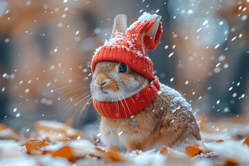 Cute rabbit in a red hat and scarf on the background of snowfall