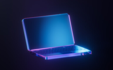 Notebook computer with dark neon light effect, 3d rendering.