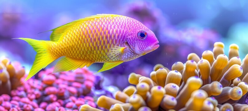 Vibrant damselfish gracefully swimming among colorful corals in a captivating saltwater aquarium.