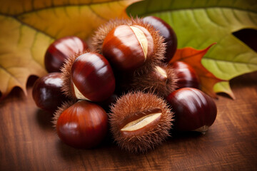 Obraz premium realistic photo of Chestnuts, rustic bacground, top view, copy space сreated with Generative Ai