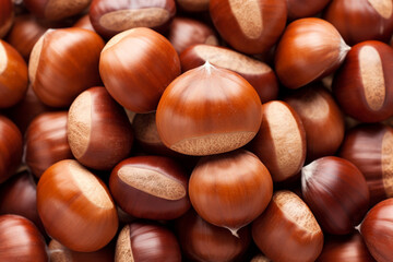 Obraz premium realistic photo of Chestnuts, rustic bacground, top view, copy space сreated with Generative Ai