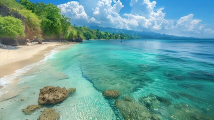 Sea view with sandy beach among rocks and cliffs,