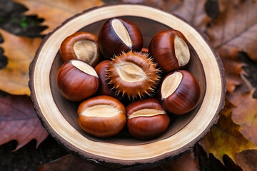 realistic photo of Chestnuts, rustic bacground, top view, copy space сreated with Generative Ai