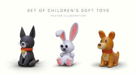 Set of realistic soft children toys. Black cat, gray rabbit, brown dog