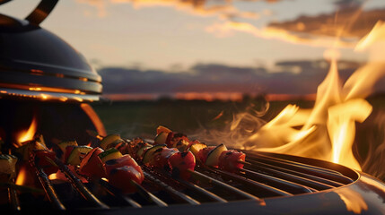 Barbecue Ingredients Grilling in Sunset Light Close-Up - obrazy, fototapety, plakaty