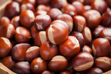 realistic photo of Chestnuts, rustic bacground, top view, copy space сreated with Generative Ai