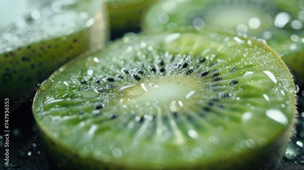 Poster a close up of a kiwi fruit sliced in half. ideal for food and healthy lifestyle concepts