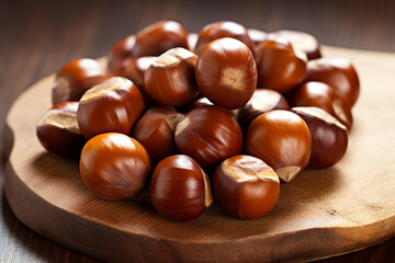Obraz premium realistic photo of Chestnuts, rustic bacground, top view, copy space сreated with Generative Ai
