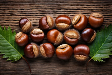 Obraz premium realistic photo of Chestnuts, rustic bacground, top view, copy space сreated with Generative Ai