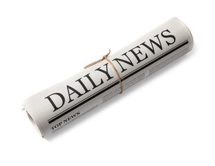 Rolled Business Newspaper with the headline News isolated, Daily Newspaper mock-up concept, PNG transparency with shadow