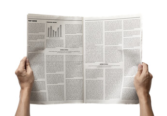 Hands holding the Business Newspaper isolated, Daily Newspaper mock-up concept, PNG transparency with shadow