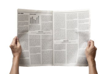 Hands holding the Business Newspaper isolated, Daily Newspaper mock-up concept, PNG transparency with shadow