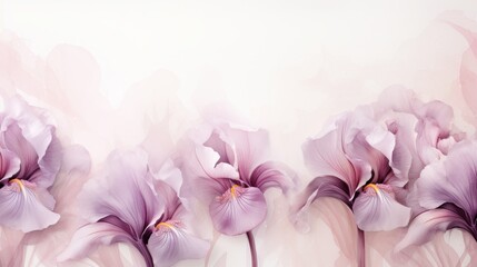 Iris flowers double exposure greeting card template in calm pastel tones with copy space