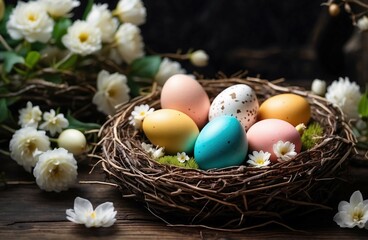 Naklejka na ściany i meble the decoration Happy Easter concept, colorful decoration eggs on the nest, the spring flowers around the nest. all of them on the wood background