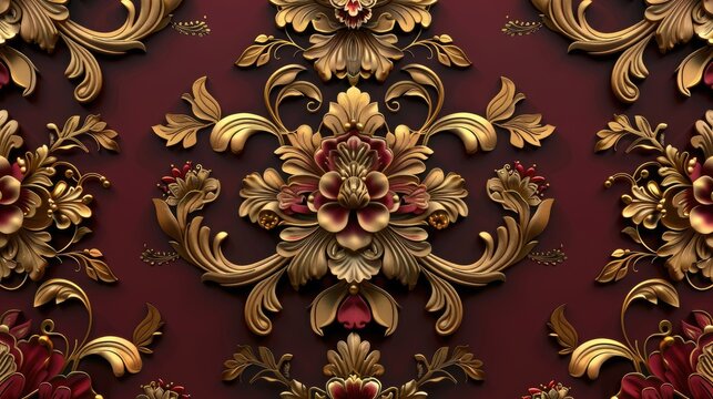 dark red gold damask seamless pattern